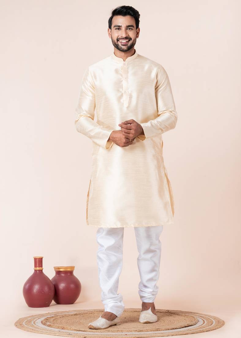 Beige plain dupion silk kurta churidar set for festive, reception, weddings