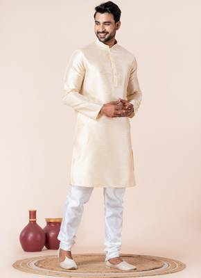 Beige plain dupion silk kurta churidar set for festive, reception, weddings 2