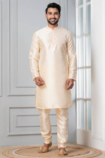 Beige plain dupion silk kurta churidar set for festive, reception, weddings