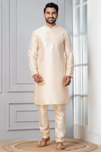 Beige plain dupion silk kurta churidar set for festive, reception, weddings