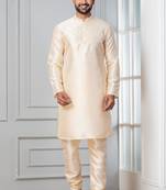 Beige plain dupion silk kurta churidar set for festive, reception, weddings