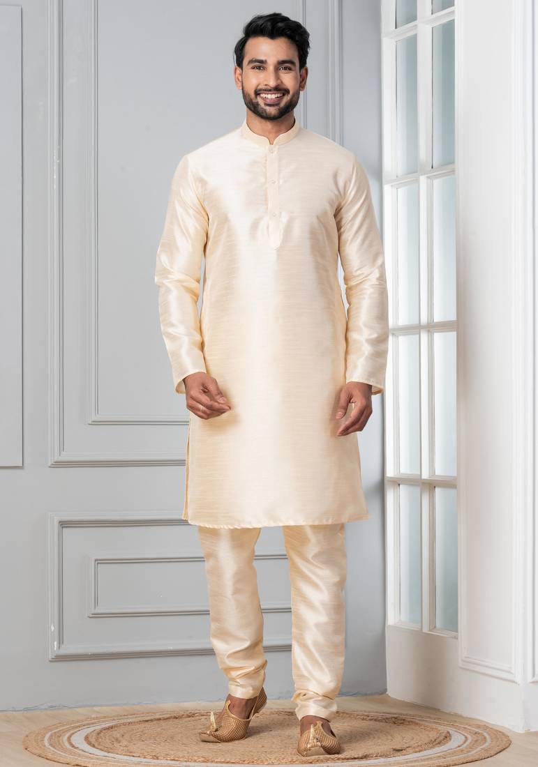 Beige plain dupion silk kurta churidar set for festive, reception, weddings