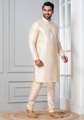 Beige plain dupion silk kurta churidar set for festive, reception, weddings 2