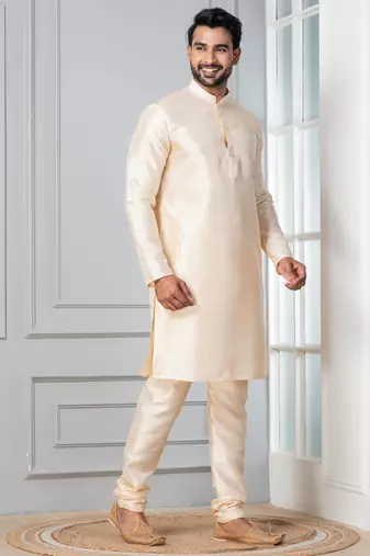 Beige plain dupion silk kurta churidar set for festive, reception, weddings