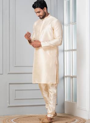 Beige plain dupion silk kurta churidar set for festive, reception, weddings 3