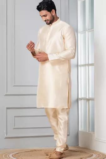 Beige plain dupion silk kurta churidar set for festive, reception, weddings
