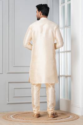 Beige plain dupion silk kurta churidar set for festive, reception, weddings 4