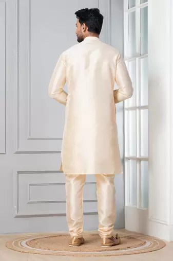 Beige plain dupion silk kurta churidar set for festive, reception, weddings