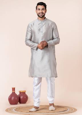 Grey plain dupion silk kurta for festive, reception, weddings 1
