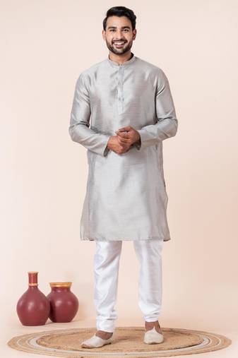 Grey plain dupion silk kurta for festive, reception, weddings