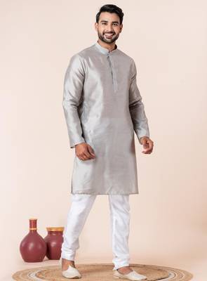 Grey plain dupion silk kurta for festive, reception, weddings 2