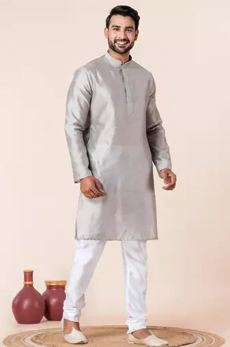 Grey plain dupion silk kurta for festive, reception, weddings