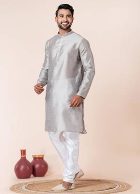 Grey plain dupion silk kurta for festive, reception, weddings 3