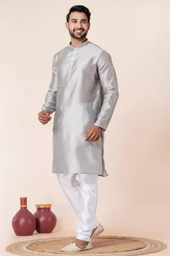 Grey plain dupion silk kurta for festive, reception, weddings