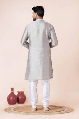 Grey plain dupion silk kurta for festive, reception, weddings 4
