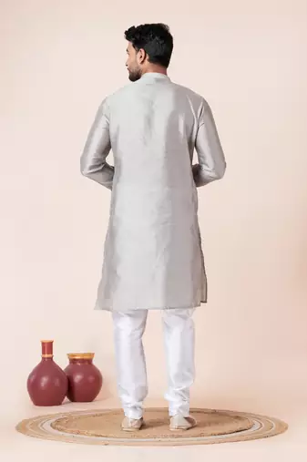 Grey plain dupion silk kurta for festive, reception, weddings