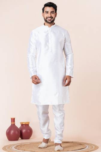White plain dupion silk kurta churidar set for festive, reception, weddings