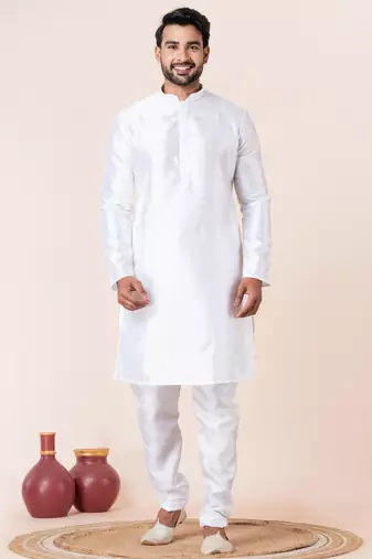 White plain dupion silk kurta churidar set for festive, reception, weddings