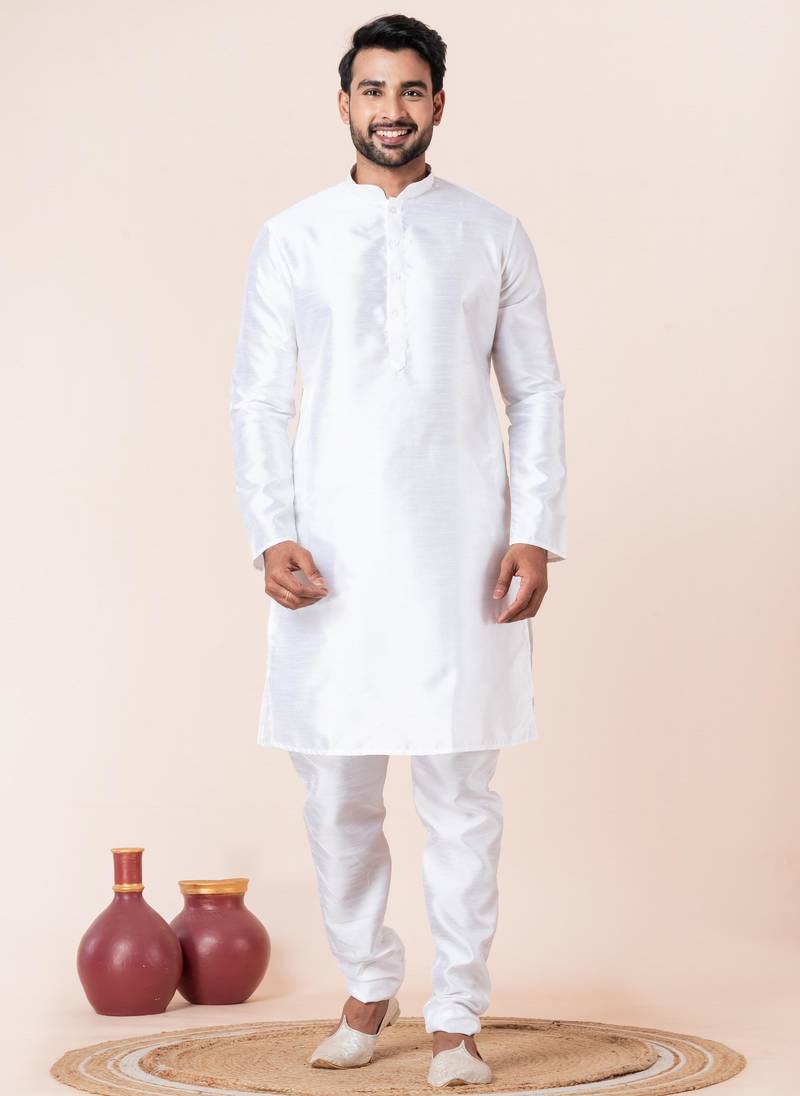 White plain dupion silk kurta churidar set for festive, reception, weddings