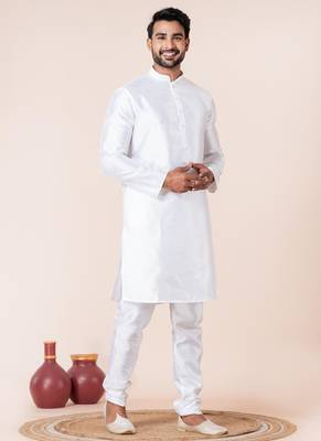 White plain dupion silk kurta churidar set for festive, reception, weddings 2