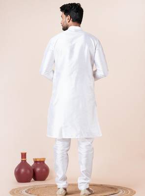 White plain dupion silk kurta churidar set for festive, reception, weddings 4