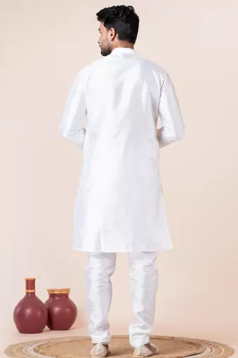 White plain dupion silk kurta churidar set for festive, reception, weddings