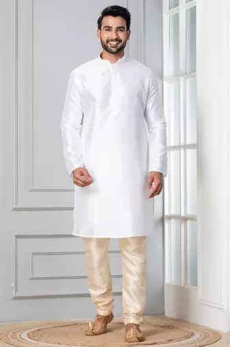 White plain dupion silk kurta churidar set for festive, reception, weddings