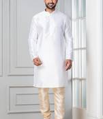 White plain dupion silk kurta churidar set for festive, reception, weddings