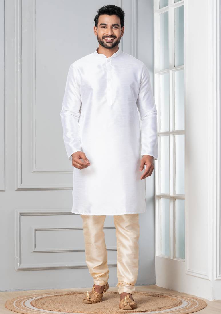 White plain dupion silk kurta churidar set for festive, reception, weddings