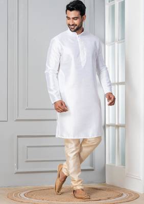 White plain dupion silk kurta churidar set for festive, reception, weddings 2