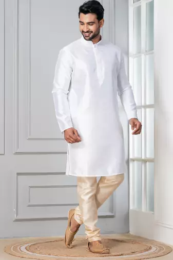White plain dupion silk kurta churidar set for festive, reception, weddings