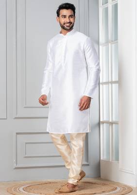 White plain dupion silk kurta churidar set for festive, reception, weddings 3
