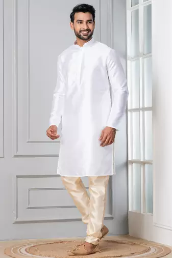 White plain dupion silk kurta churidar set for festive, reception, weddings