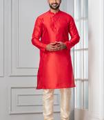 Red plain dupion silk kurta for festive, reception, weddings