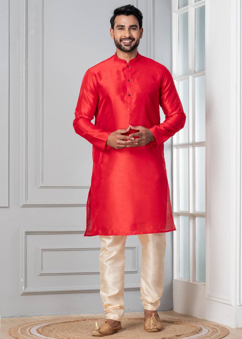 Red plain dupion silk kurta for festive, reception, weddings