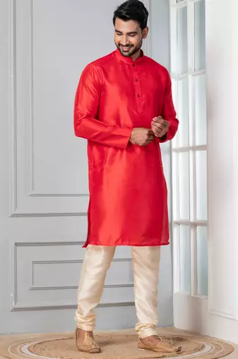 Red plain dupion silk kurta for festive, reception, weddings