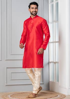 Red plain dupion silk kurta for festive, reception, weddings 3