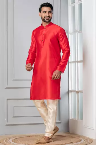 Red plain dupion silk kurta for festive, reception, weddings