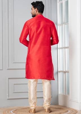 Red plain dupion silk kurta for festive, reception, weddings 4