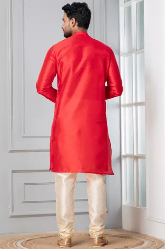 Red plain dupion silk kurta for festive, reception, weddings