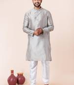 Grey plain dupion silk kurta churidar set for festive, reception, weddings