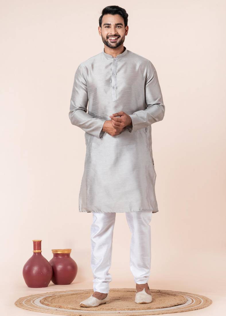 Grey plain dupion silk kurta churidar set for festive, reception, weddings