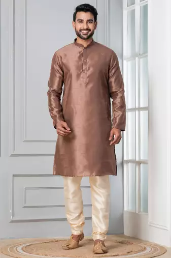 Brown plain dupion silk kurta for festive, reception, weddings