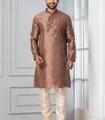 Brown plain dupion silk kurta for festive, reception, weddings