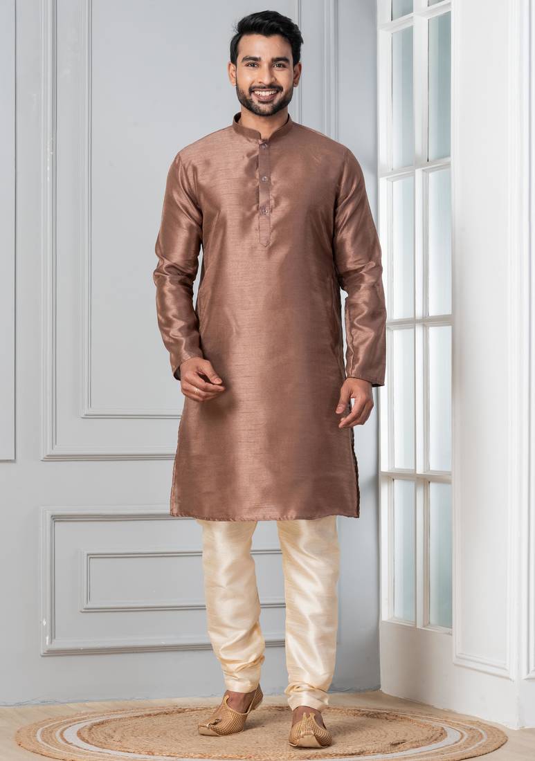 Brown plain dupion silk kurta for festive, reception, weddings