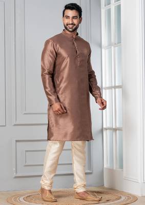 Brown plain dupion silk kurta for festive, reception, weddings 2