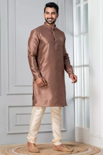 Brown plain dupion silk kurta for festive, reception, weddings