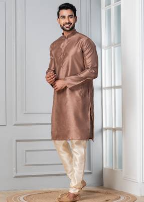 Brown plain dupion silk kurta for festive, reception, weddings 3
