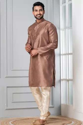 Brown plain dupion silk kurta for festive, reception, weddings