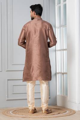 Brown plain dupion silk kurta for festive, reception, weddings 4